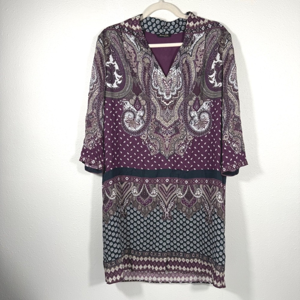 Massimo Dutti Paisley Boho Tunic Dress Womens 10 EUR 42 Purple Long Sleeve Shift